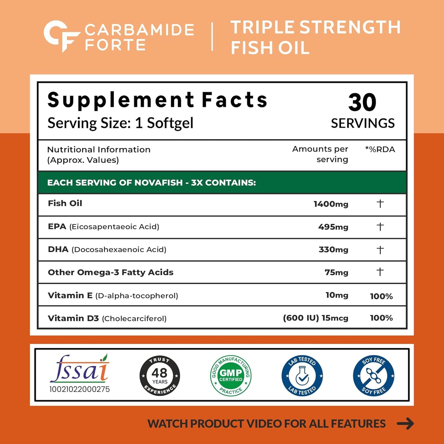 Carbamide Forte Triple Strength Omega 3 Fish Oil Capsules 1400mg | Fatty Acid Supplements | Fish Oil | Omega 3 Supplement - 30 Capsules