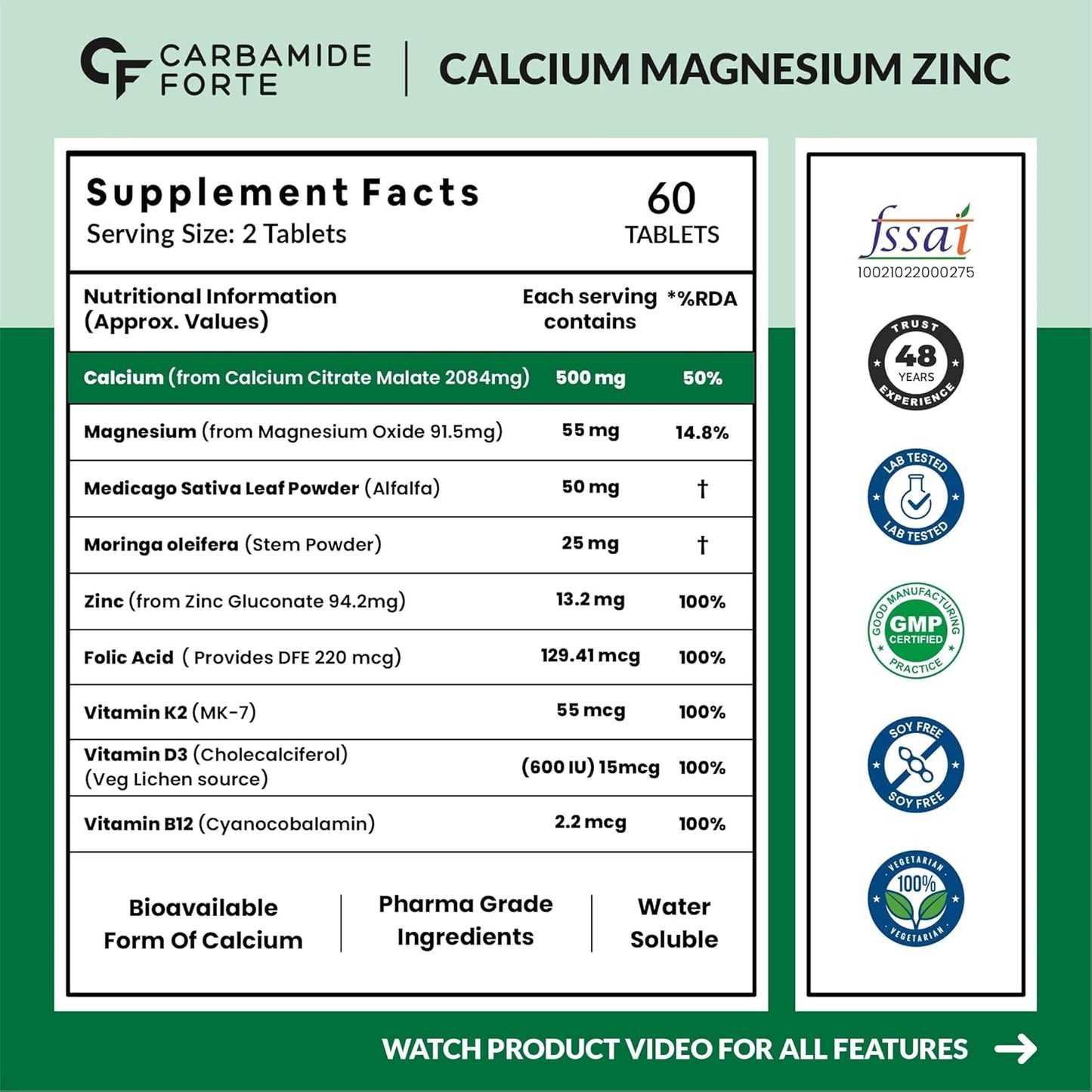Carbamide Forte Calcium & Vitamin D3 Tablets | Calcium Tablets for Women & Man | Calcium Magnesium Zinc Tablets | Calcium Supplements for Men with Calcium Citrate, Calcium Tablet with Vitamin K2 MK7 & Vitamin B12