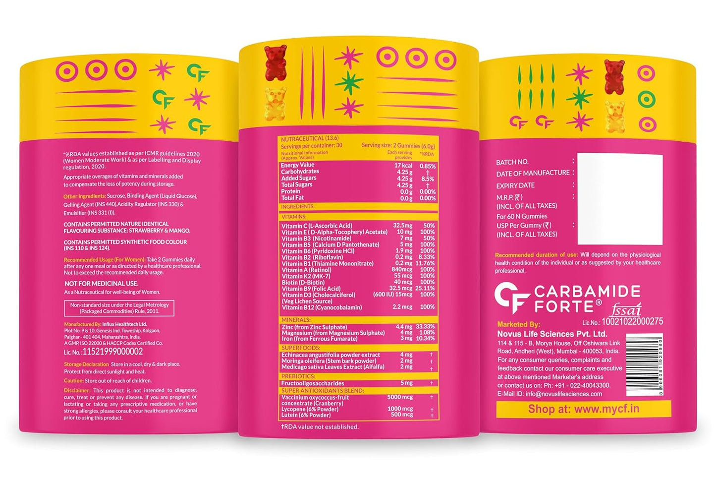 Carbamide Forte Multivitamin Gummies for Women | Multivitamin for Women' s Hair, Skin & Nails, with Biotin & Antioxidants for Immunity & Probiotics for Digestion | 23 Ingredients - 60 Veg Gummies