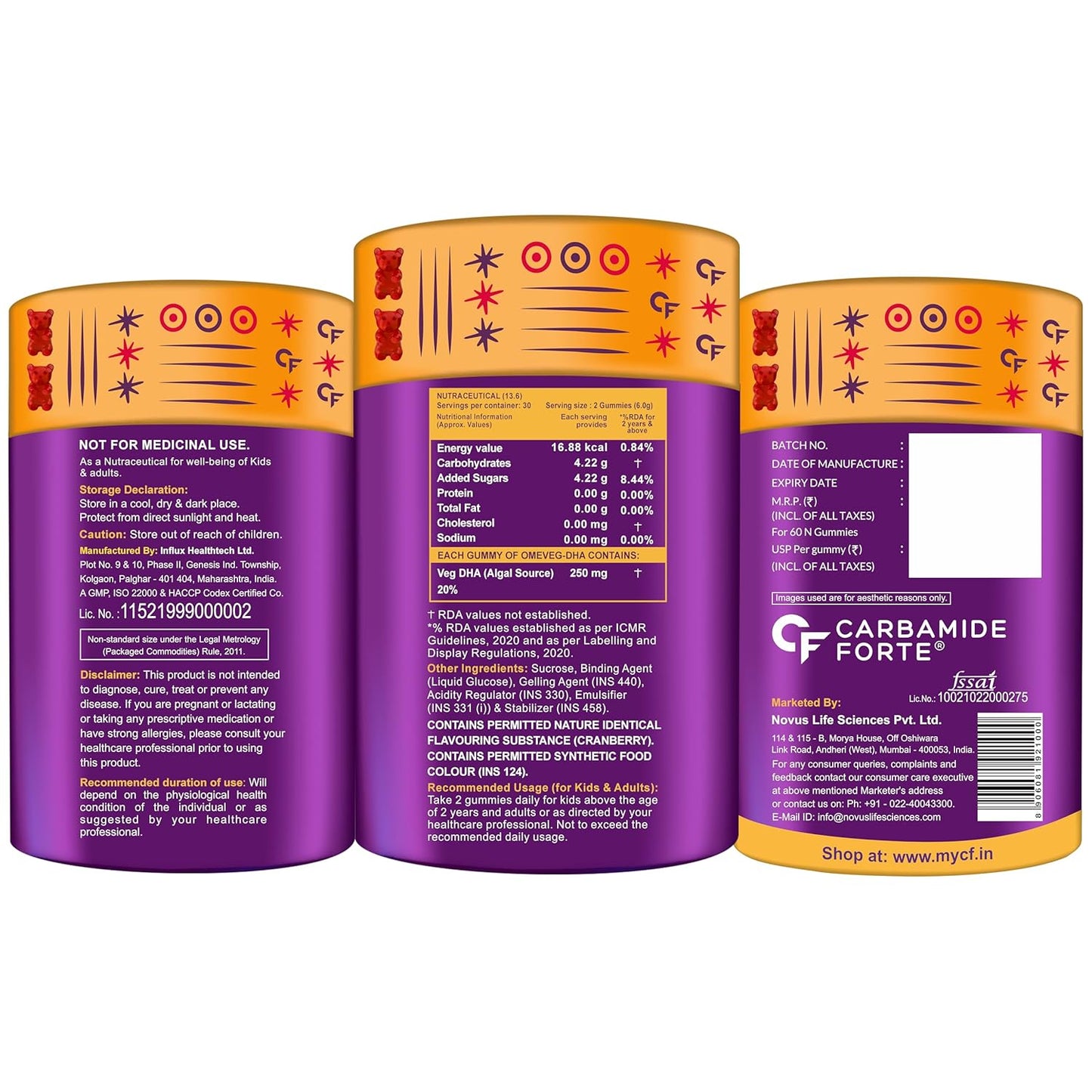 Carbamide Forte Veg Omega3 DHA 250mg - Gummies for Men, Women & Kids with Vegetarian DHA | No Fish oil Used | Omega Veg DHA Gummies | Healthy Heart, Brain & Joints - 60 Veg Gummies