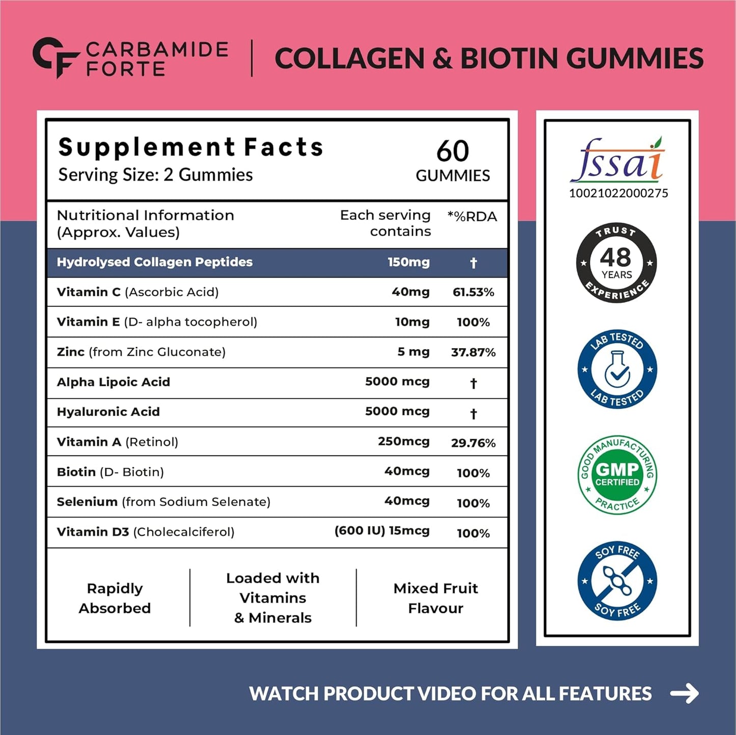 Carbamide Forte Collagen Supplements for Women & Men | Collagen Gummies For Women & Men | Hair Gummies for Women Hair Growth Supplements | Biotin Supplement - Mixed Fruit Flavour - 60 Biotin Gummies
