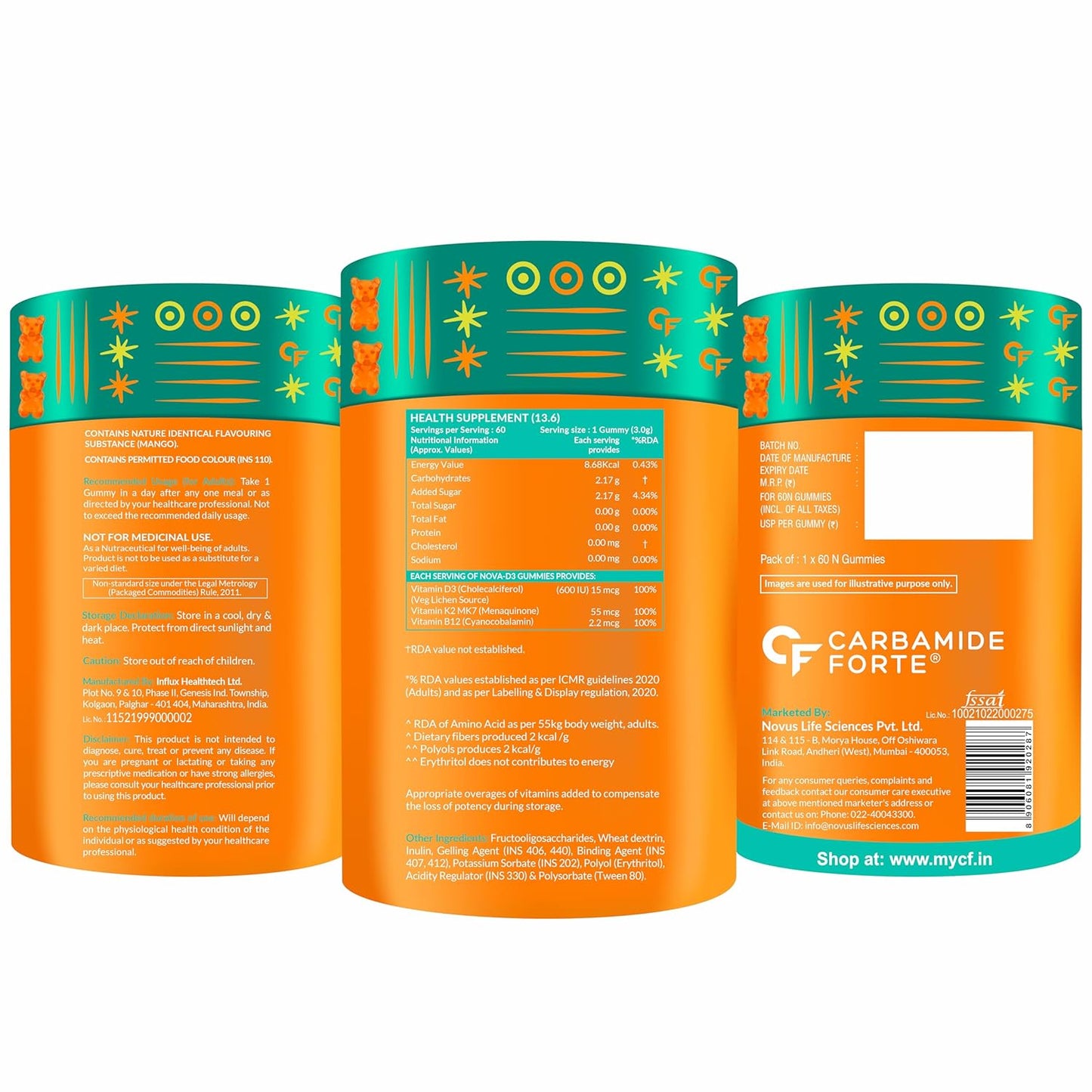 Carbamide Forte Vitamin D3 K2 MK7 & B12 Gummies | Vitamin B12 supplements | Vitamin D3 supplement & b12 for Women, Men & Kids | Mango Flavoured - 60 Veg Gummies