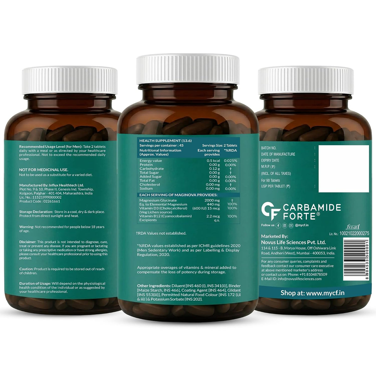 Magnesium Glycinate 2000mg Tablets with Vitamin D3 & B12 – 90 Veg Tablets - Carbamide Forte