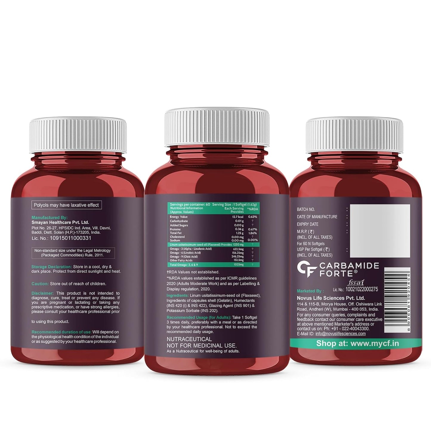 Carbamide Forte Cold Pressed Flaxseed Oil Omega 3 6 9 Capsules (1250mg) for Men and Women | Omega 3 Supplement | Omega 369 | Flaxseed Oil Omega3 Capsule | Omega Fatty Acid - 60 Capsules
