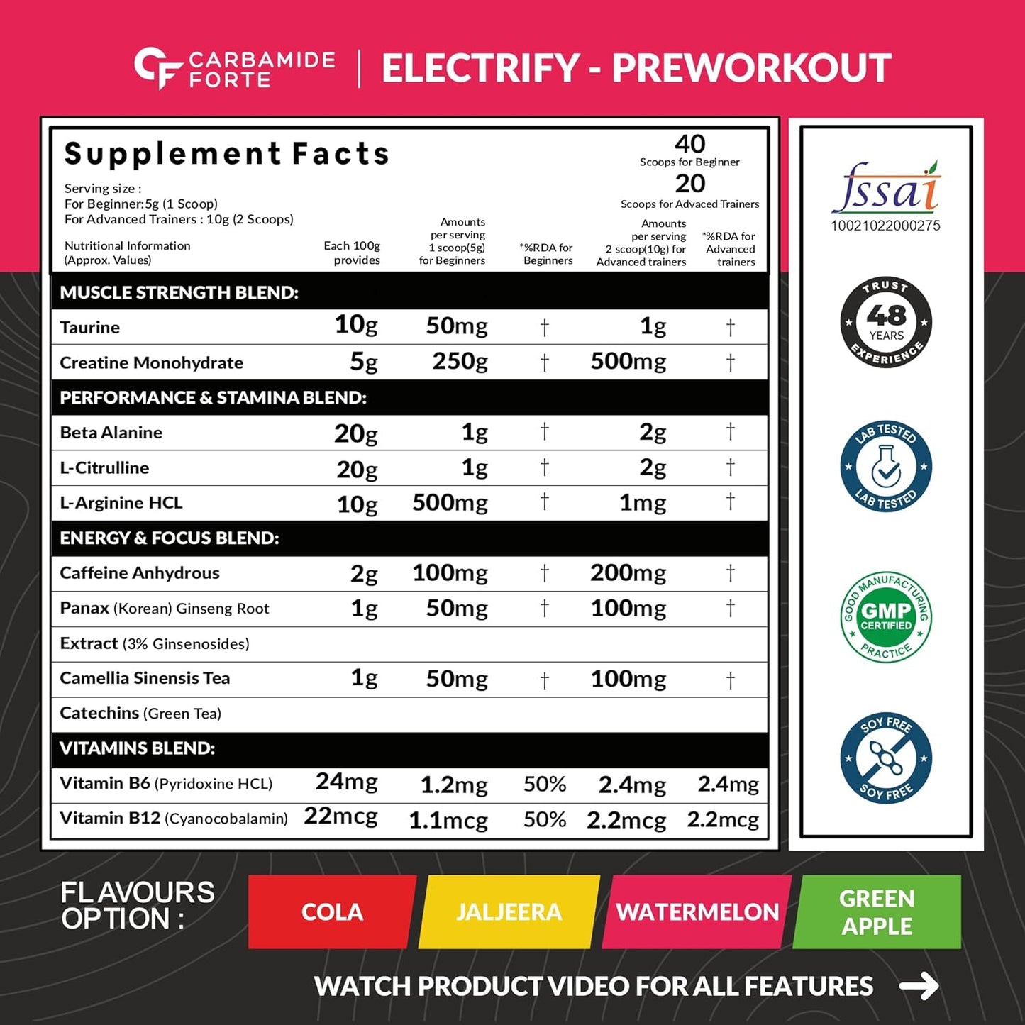 Carbamide Forte Pre Workout Powder | Pre Workout Supplement for Men and Women | Preworkout Supplement with Taurine & Creatine Monohydrate for Energy, Focus & Strength | Watermelon Flavour – 40 Servings - 200g