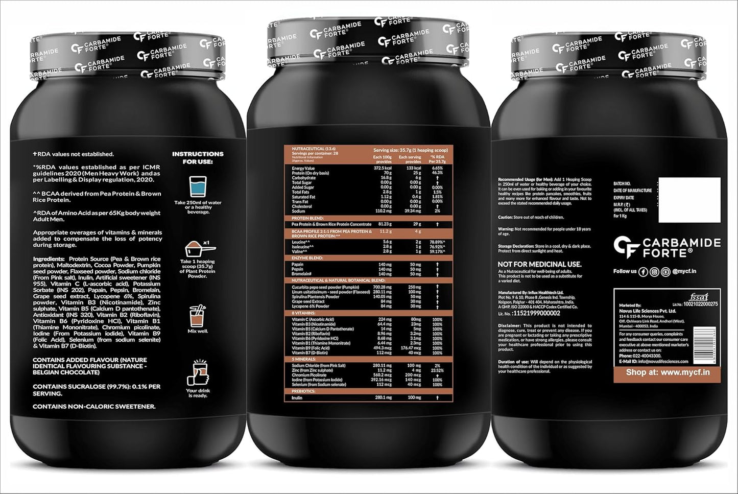 Carbamide Forte Plant Protein Powder For Men - Plant Based Protein Powder with Multivitamin, Minerals, Superfoods, Pea Protein, Digestive Enzymes - Belgian Chocolate Flavour - 1kg