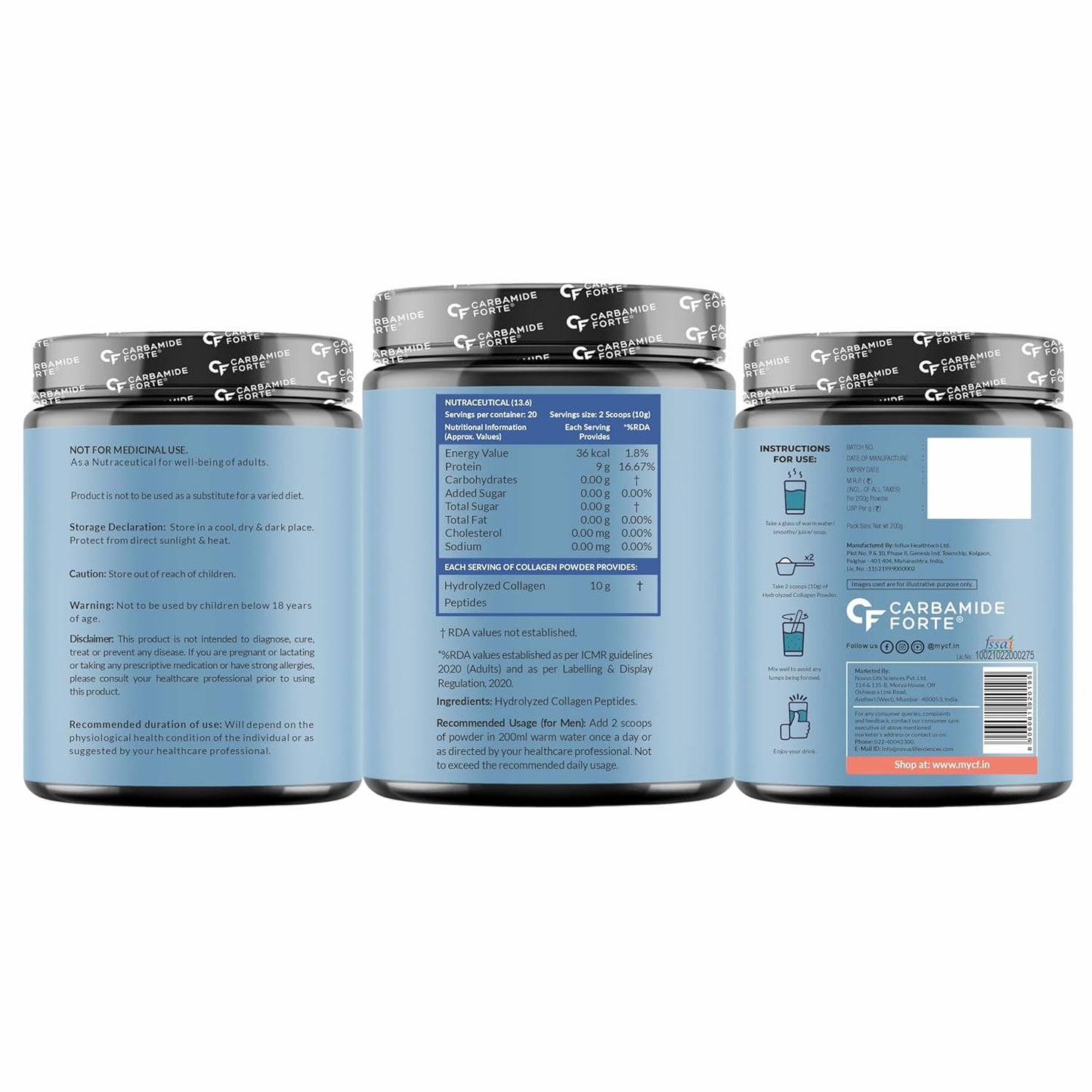 Carbamide Forte Collagen Supplements | Hydrolyzed Collagen Powder for Women & Men | Hydrolyzed Peptides Powder - Unflavored - Collagen Supplements for Skin & Hair - 200g