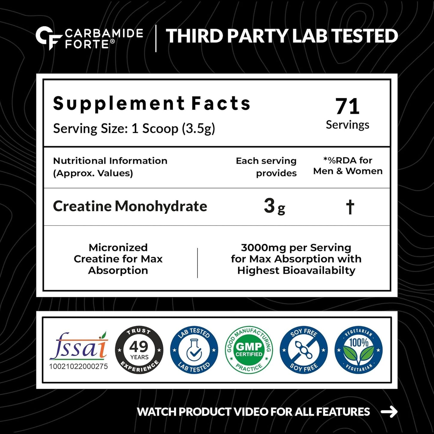 Carbamide Forte Creatine Mono hydrate Powder | Micronized Monohydrate Creatine 103gm | Micronized Monohydrate Supplement for Lean Muscle, Strength & Energy - Fruti Punch- 71 Servings - 250g