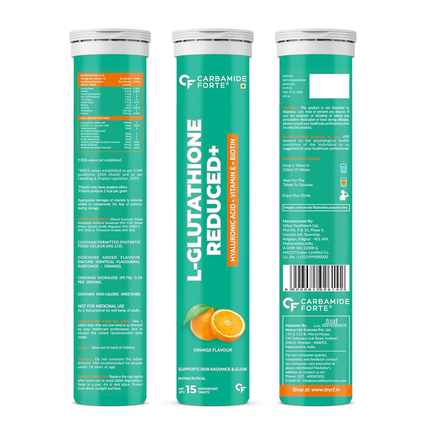 Carbamide Forte Japanese Reduced L Glutathione Effervescent Tablet 600mg for Skin Health|L Glutathione Effervescent Tablet with Vitamin C Hyaluronic Acid, Vitamin E,& Biotin, 1 count, 15 capsules