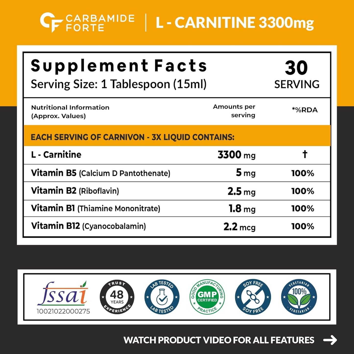 Carbamide Forte L Carnitine Liquid 3300mg | L-Carnitine Supplement For Men & Women | Liquid L Carnitine Pre Workout, Intra Workout & Post Workout Supplement With 3300 mg Per Serving With Added Vitamins | LβCarnitine Mango Flavour With 30 Servings - 450ml