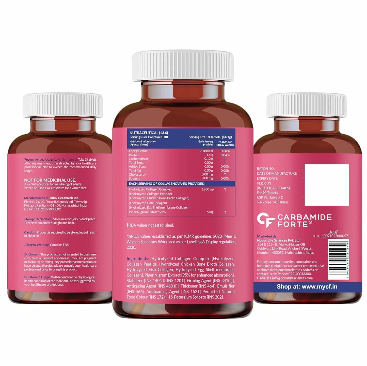 Carbamide Forte Multi Collagen Supplements for Women & Men | Hydrolyzed Peptides With 5 Types of Collagen Powder Supplements for Skin & Joint Support- 90 Tablets