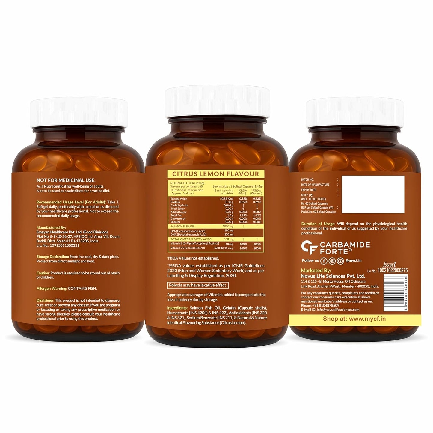 Omega 3 Fish Oil 1000mg with Vitamin D & E – Salmon Fish Oil Softgels (60 Count)