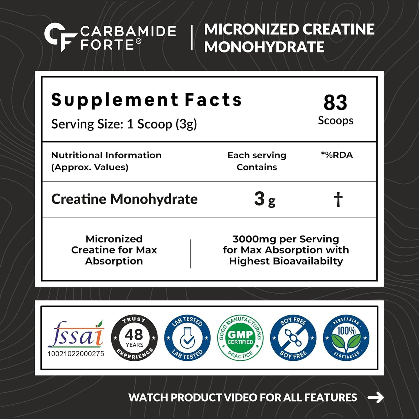 Carbamide Forte Monohydrate Creatine Powder | Micronized Monohydrate 250gm | Creatine Supplement for Lean Muscle Volumization, Strength & Energy - Unflavoured - 83 Servings - 250g