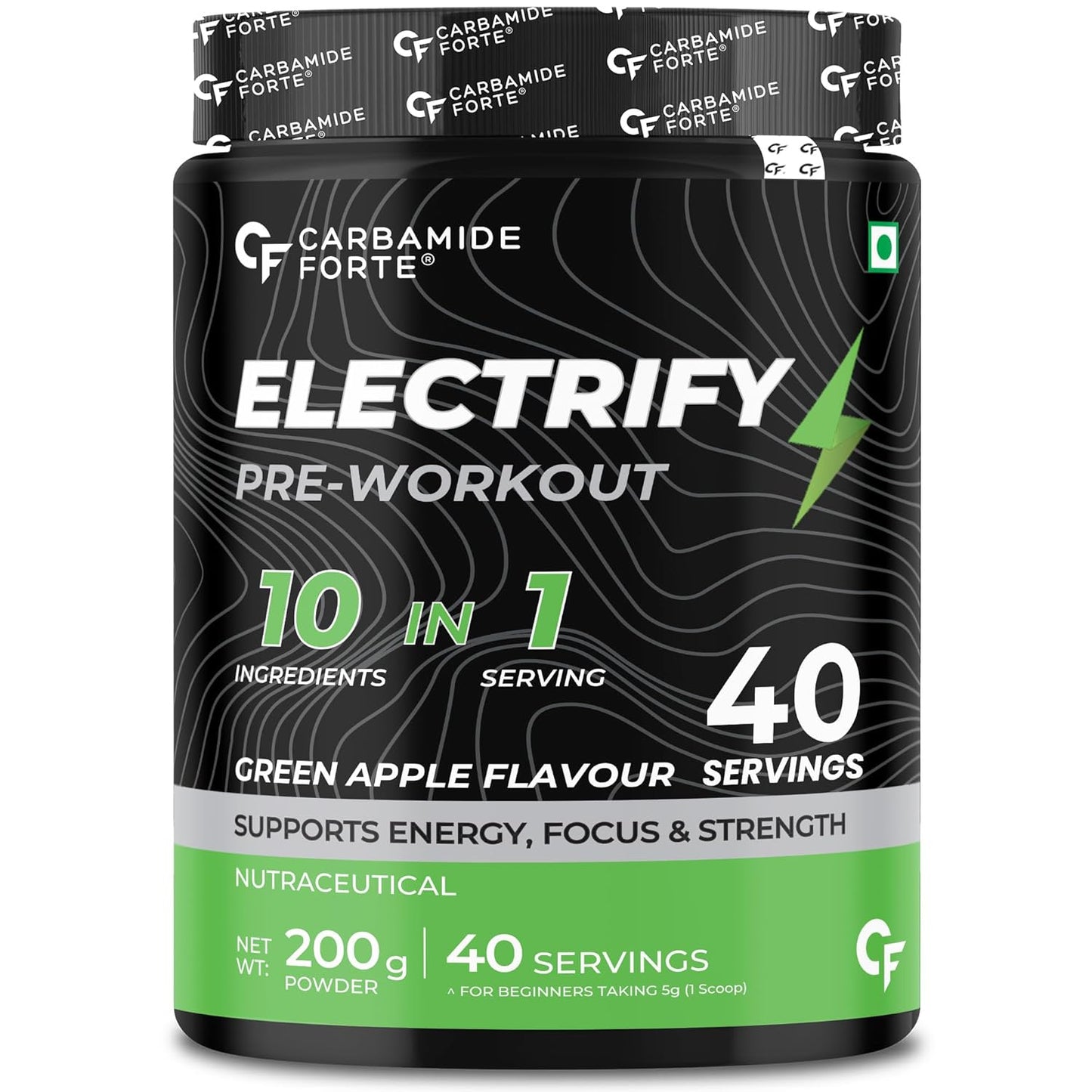 Carbamide Forte Pre Workout for Men & Women | Pre Workout Supplement Powder | Preworkout Supplements For Men For Energy, Focus & Strength | Pre-Workout For Men & Women GreenApple Flavour | Pre Workout For Women With 40 Servings - 200g