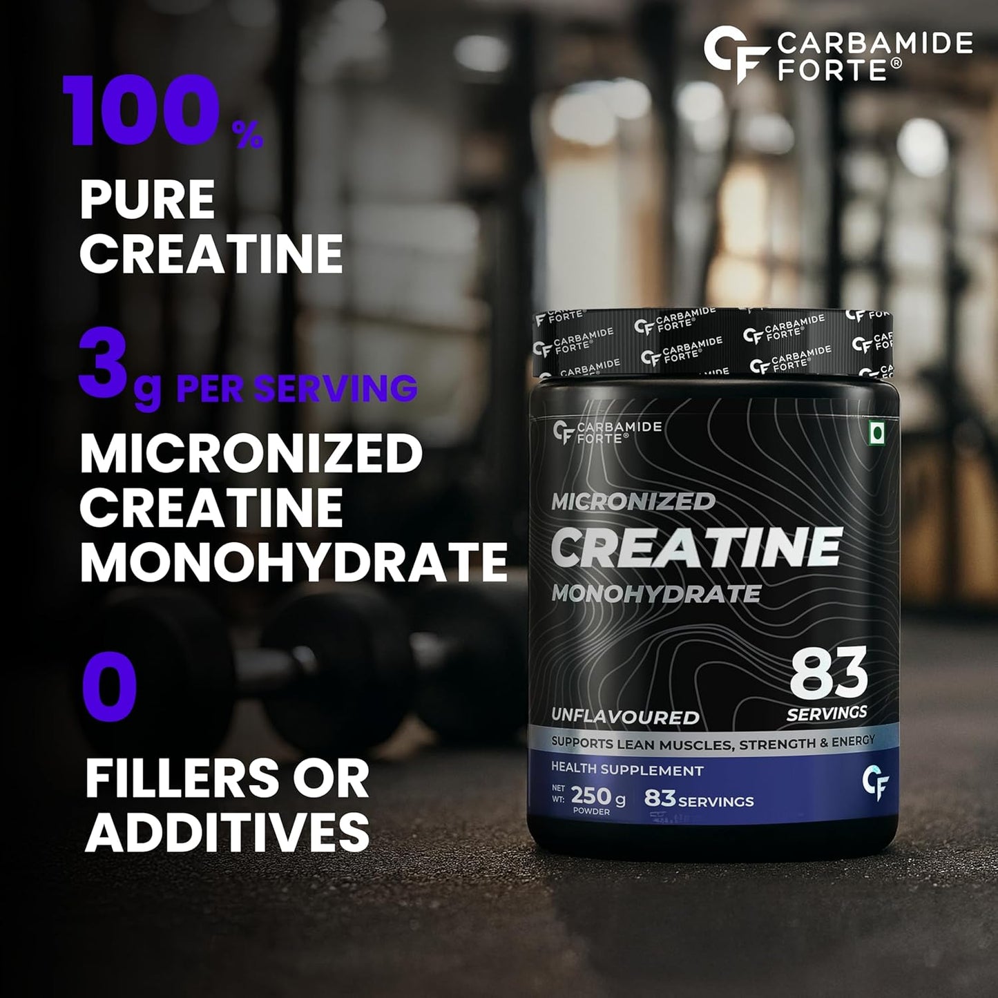 Carbamide Forte Monohydrate Creatine Powder | Micronized Monohydrate 250gm | Creatine Supplement for Lean Muscle Volumization, Strength & Energy - Unflavoured - 83 Servings - 250g