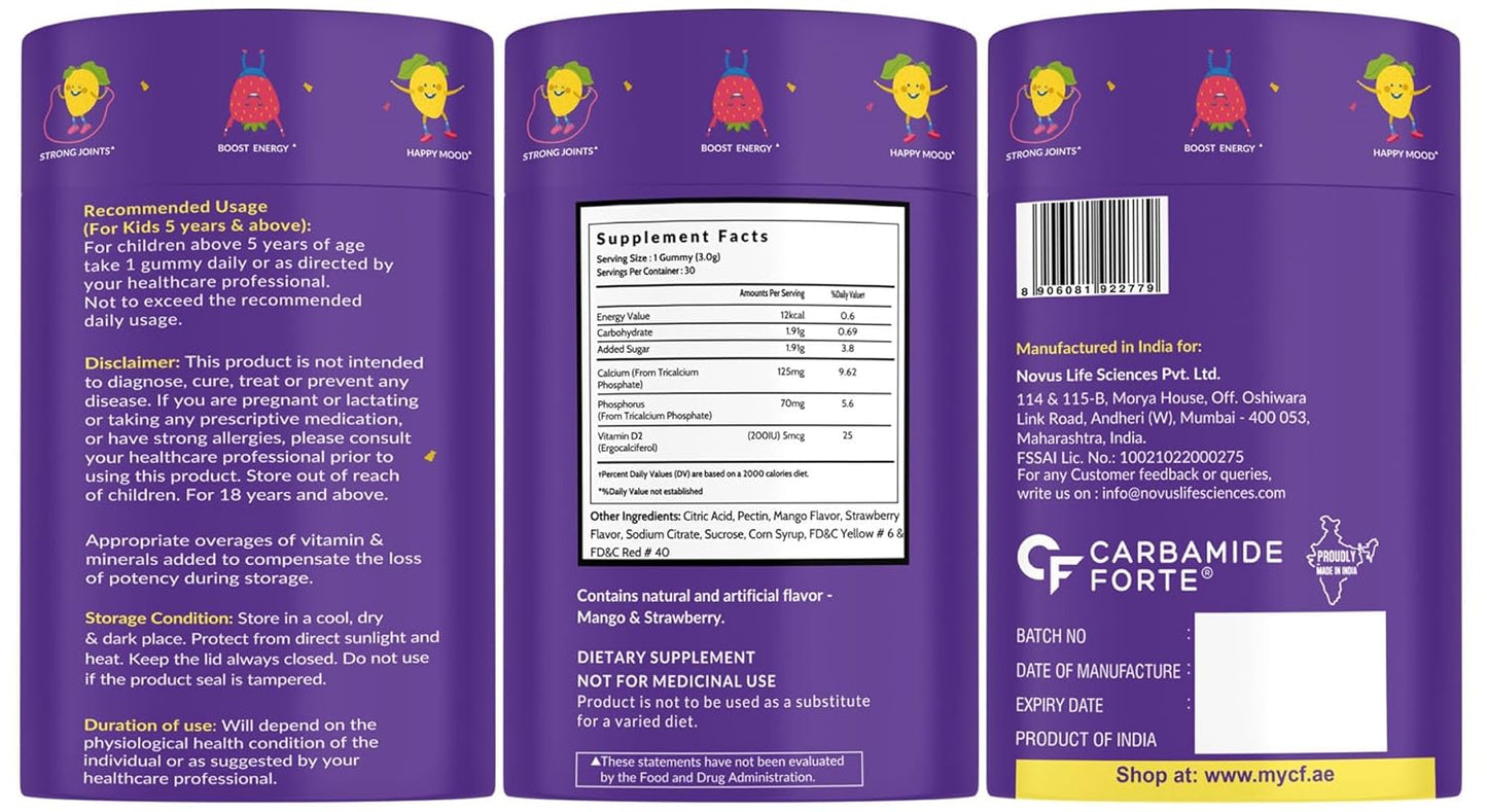 Carbamide Forte Calcium with Vitamin D Gummies for Kids | Calcium Gummies for Kids for Stronger Bones, Joints & Teeth & Immunity - Mango & Strawberry Flavour - 30 Veg Gummies