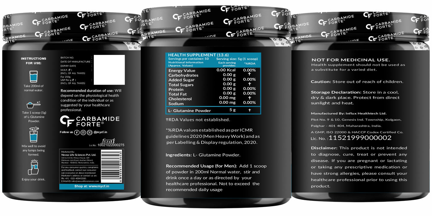 Carbamide Forte L Glutamine Powder 5000mg | L Glutamine Supplement for Men | Post Workout Muscle Recovery Supplements for Men - Unflavoured - 250 grams