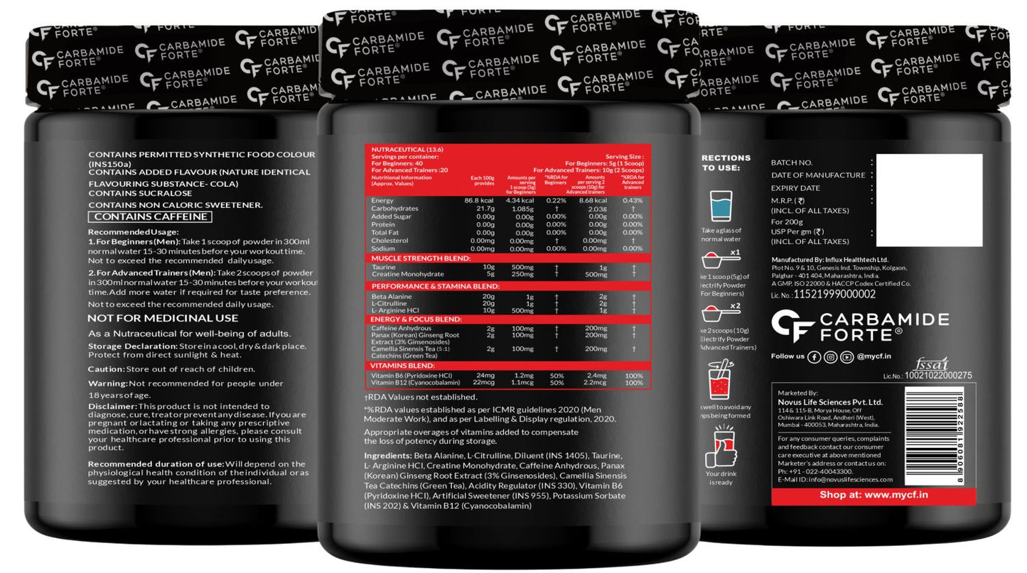 Carbamide Forte Pre Workout for Men & Women | Pre Workout Supplement Powder | Preworkout Supplements For Men For Energy, Focus & Strength | Pre-Workout For Men & Women Cola Flavour