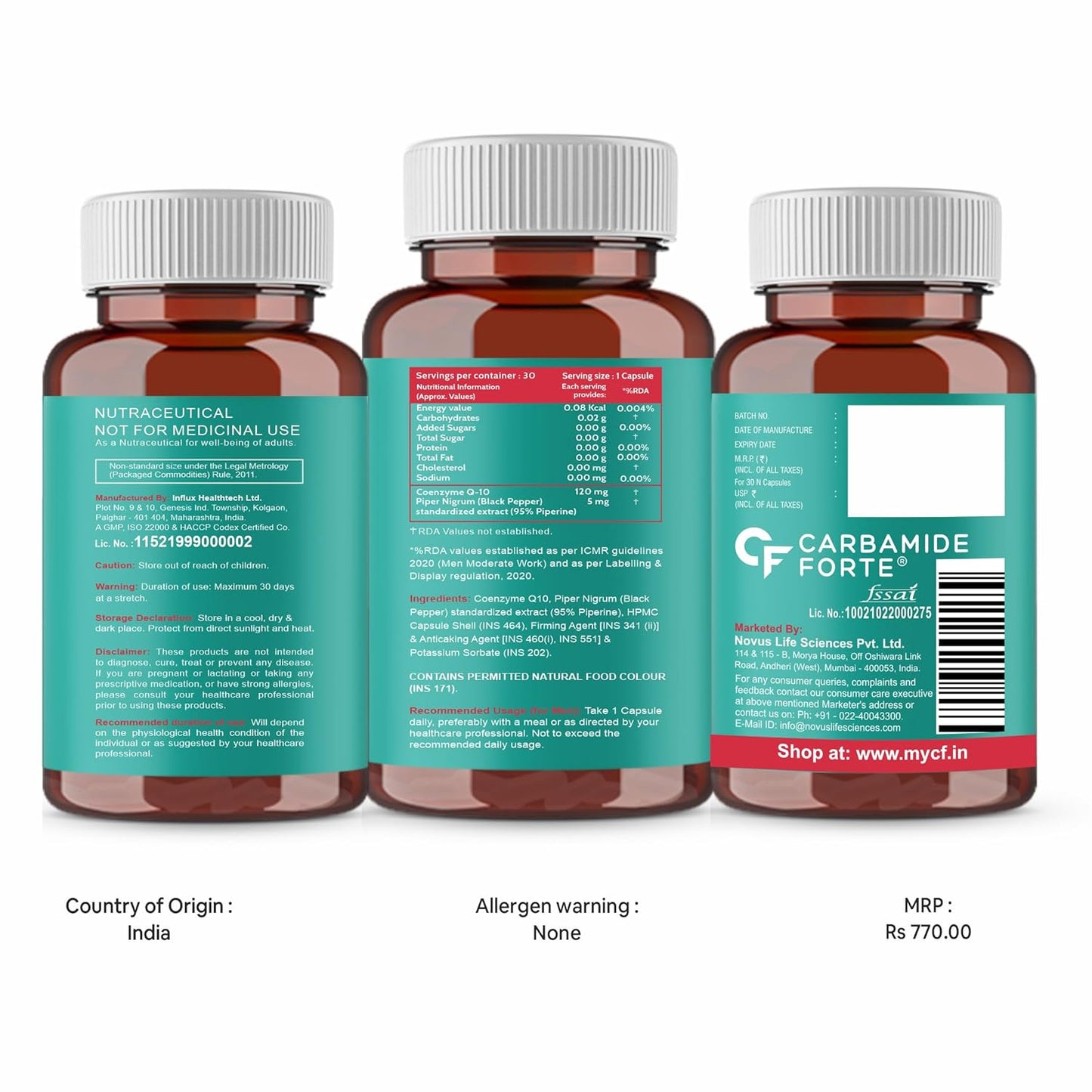 Carbamide Forte Coenzyme Q10 (Coq10 Supplement) 120Mg Supplement With Piperine 5Mg | Coq 10 120Mg Supports Heart Health & Cellular Energy 30 Capsules