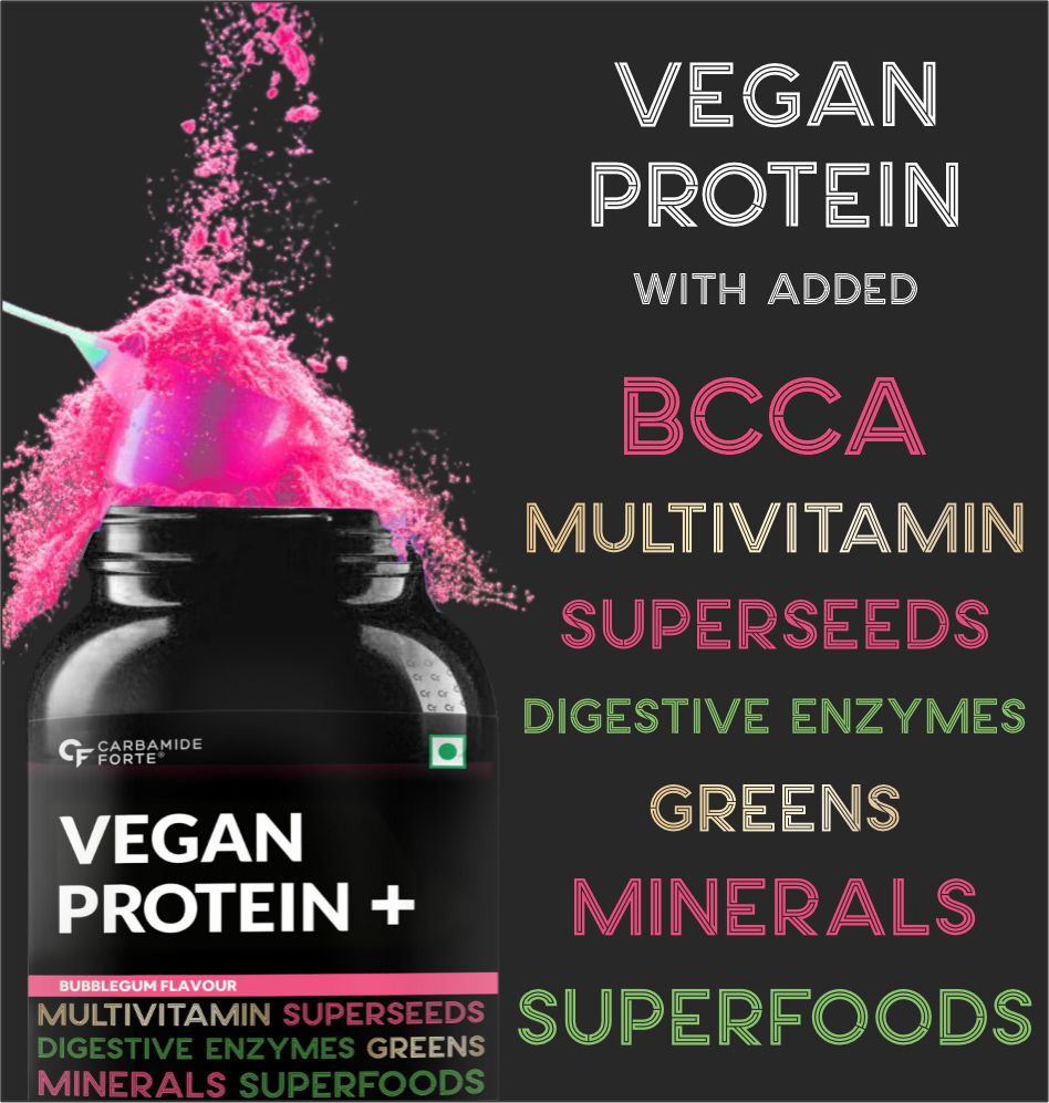 Carbamide Forte Plant Protein Powder - Plant Based Pea Protein Powder with Multivitamin, Minerals, Superfoods, Digestive Enzymes - Bubble Gum Flavour - 1Kg