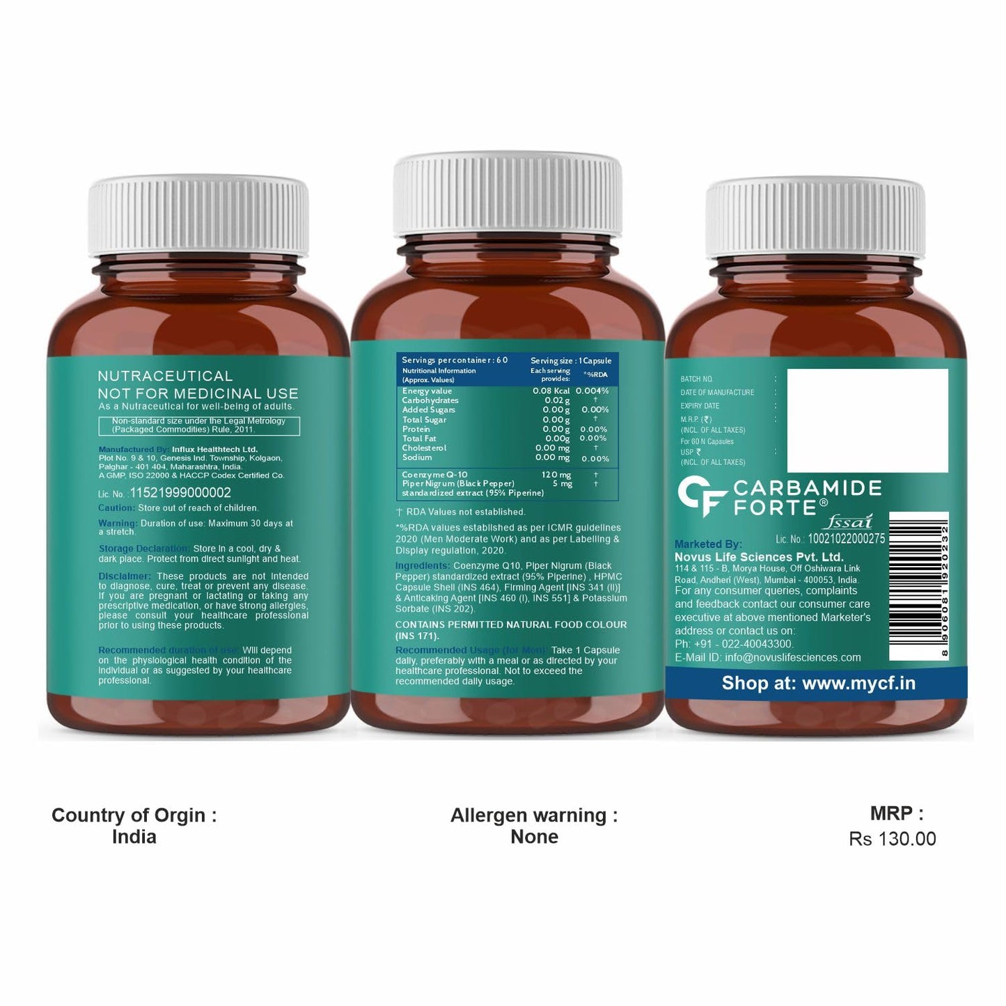 Carbamide Forte Coenzyme Q10 (Coq10 Supplement) 120Mg Supplement With Piperine 5Mg | Coq 10 120Mg Supports Heart Health & Cellular Energy 60 Capsules
