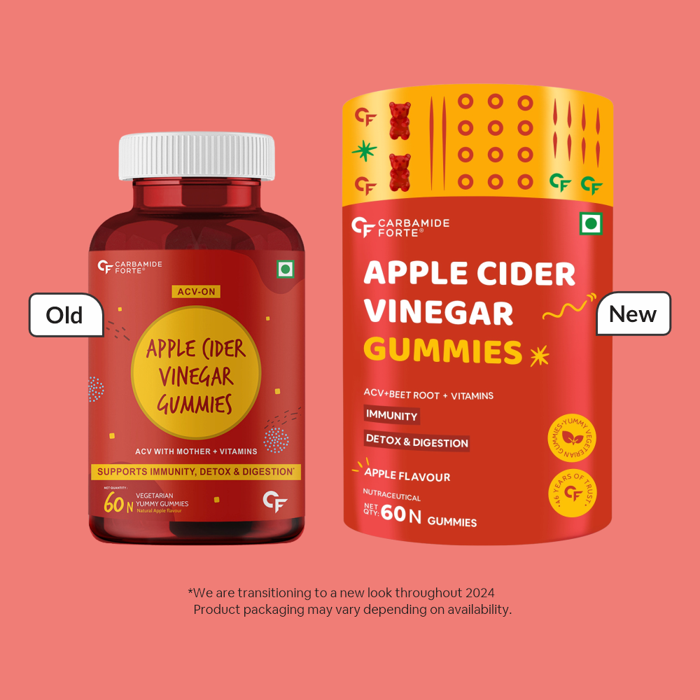 Carbamide Forte Apple Cider Vinegar Gummies - with Vitamin D & E | ACV Gummies with Mother & Vitamins - 60 Vegan Gummies