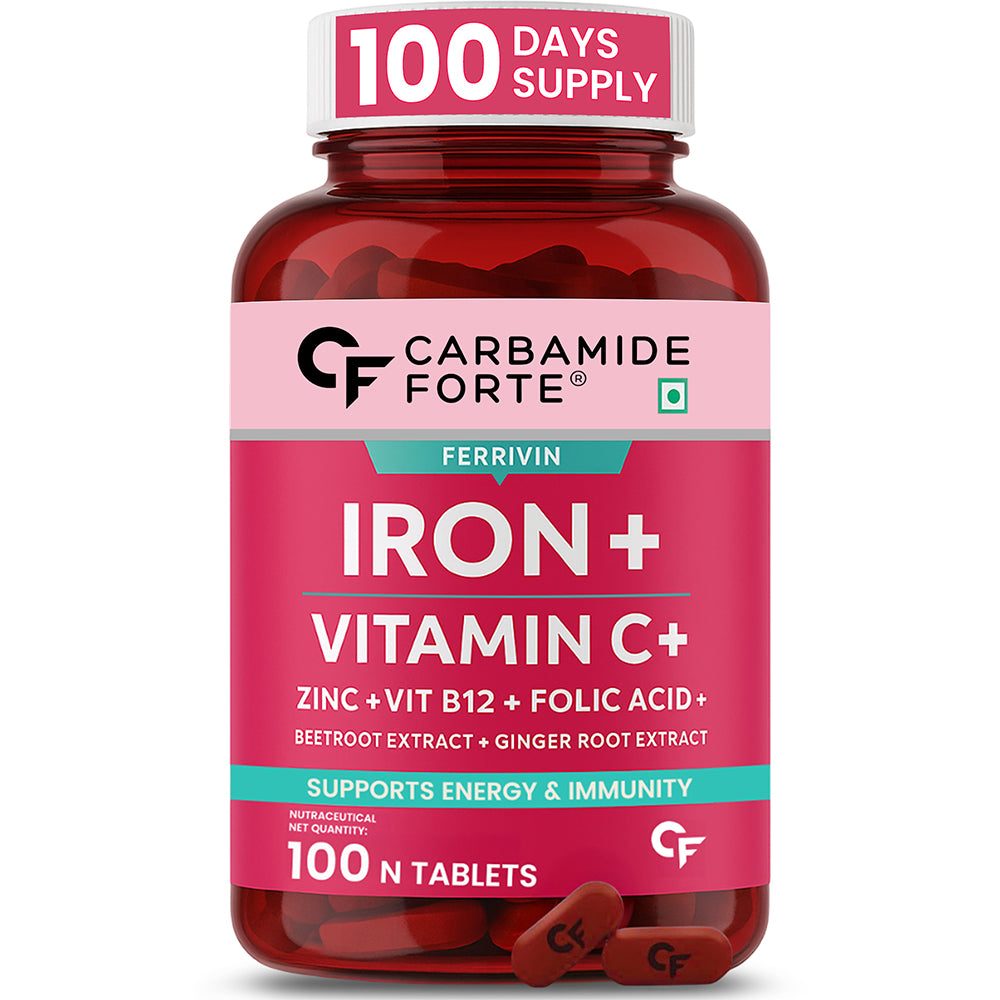 Carbamide Forte Iron Supplement for Women & Men | Folic Acid Tablets with Vitamin C, B12, Zinc | 100 Veg Iron Tablets for Women & Men