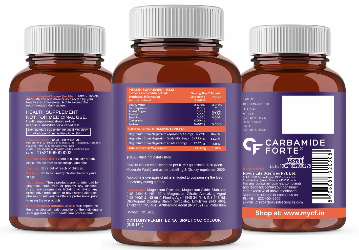 Carbamide Forte Chelated Magnesium Citrate Oxide Supplement | Triple Magnesium Supplement Supports Bones Muscles & Nerves 1382.91mg Per Serving - 120 Veg Tablets