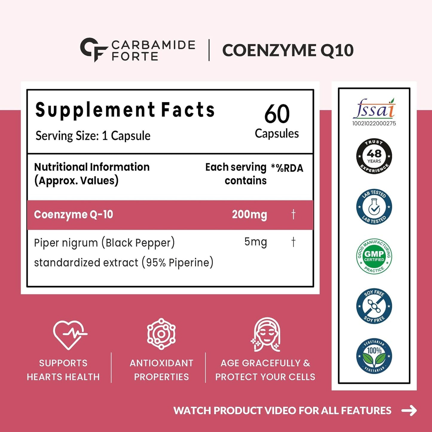 Carbamide Forte Coenzyme Q10 (CoQ10) 200mg with Piperine 5mg | Supports Heart Health and Vascular Health | 100% Vegetarian – 60 Capsules