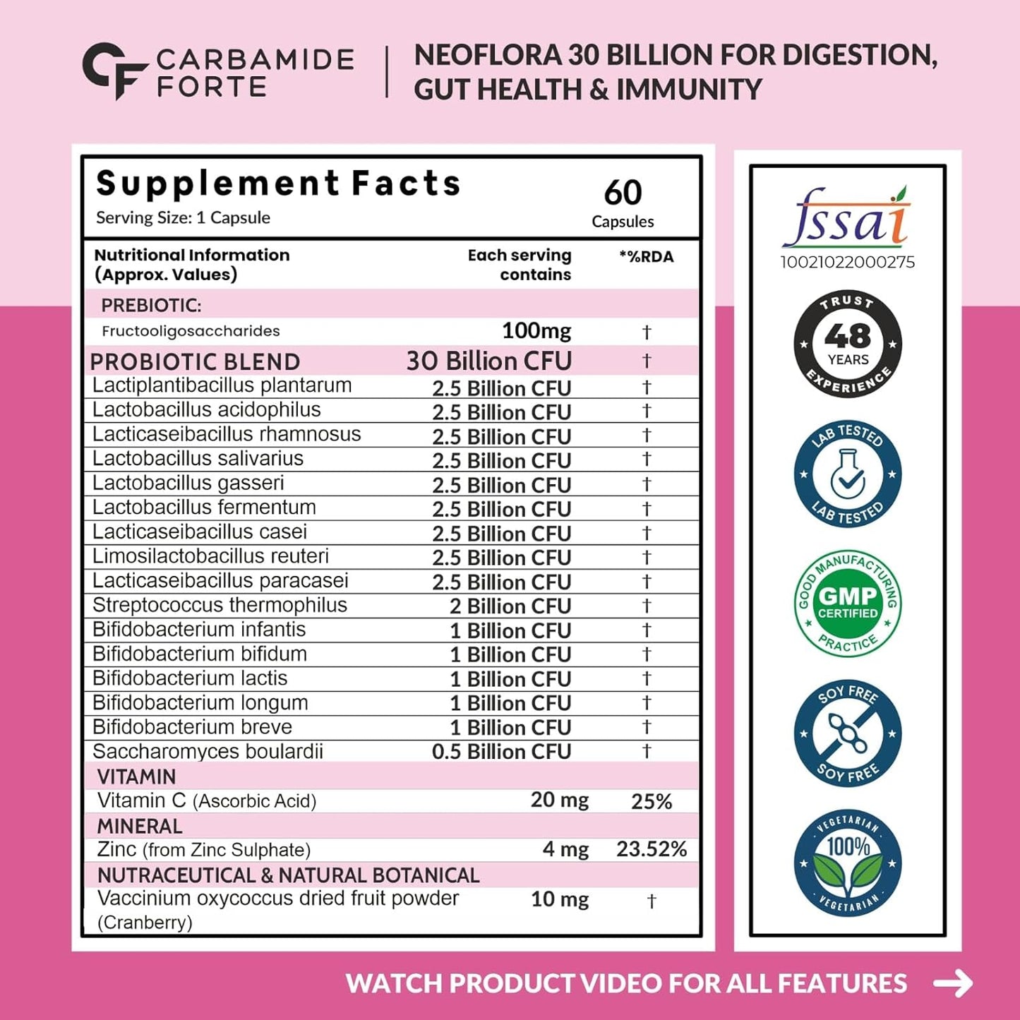 Carbamide Forte 30 Billion Probiotics Supplement | Gut Cleanse Detox | Gut Health Supplement with Prebiotics and Probiotics | Lactobacillus Reuteri 60 Veg Capsules for Men & Women