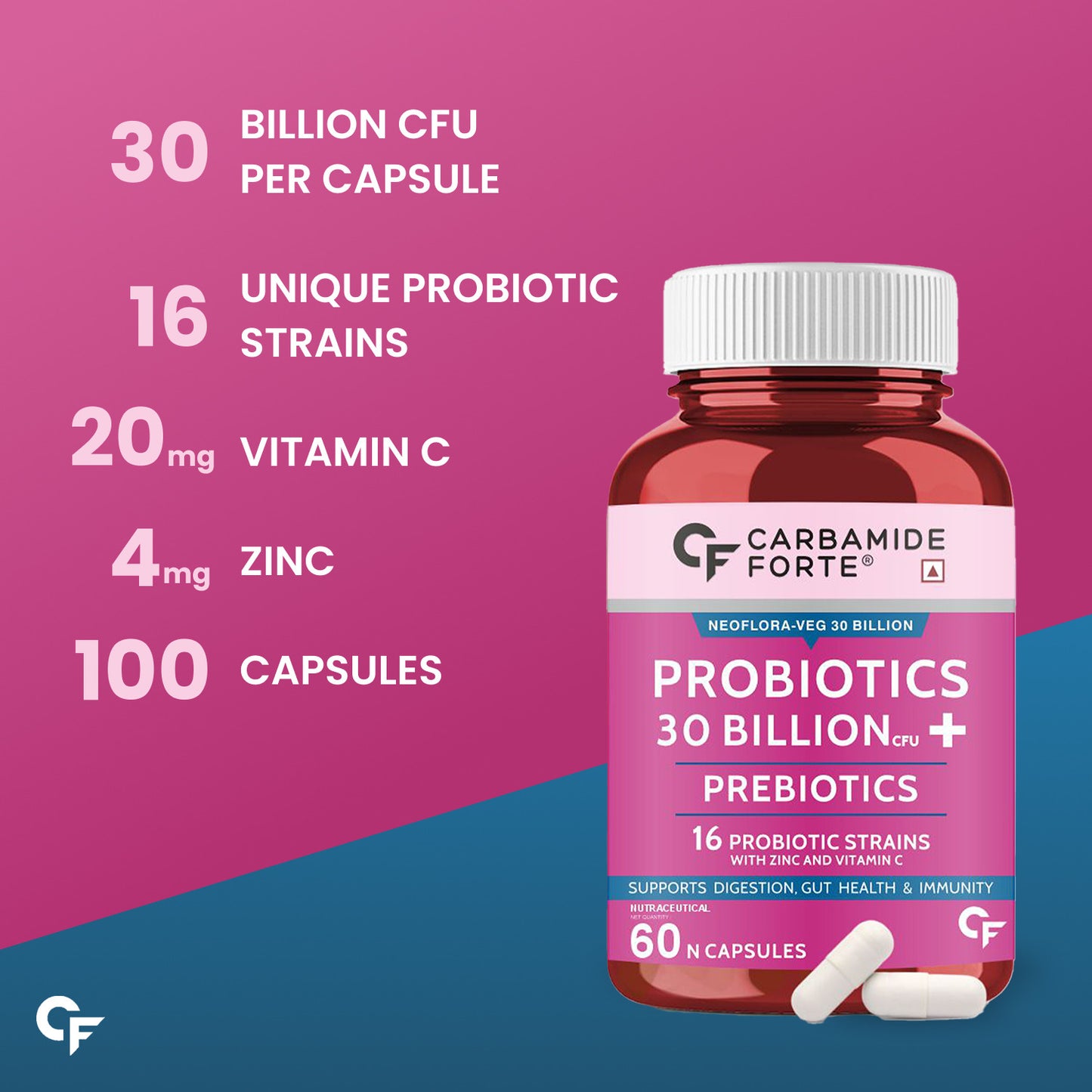 Carbamide Forte 30 Billion Probiotics Supplement | Gut Cleanse Detox | Gut Health Supplement with Prebiotics and Probiotics | Lactobacillus Reuteri 60 Veg Capsules for Men & Women