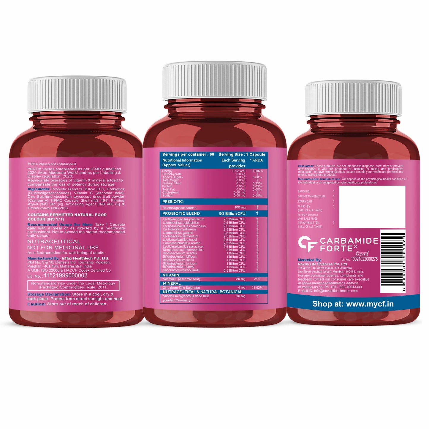 Carbamide Forte 30 Billion Probiotics Supplement | Gut Cleanse Detox | Gut Health Supplement with Prebiotics and Probiotics | Lactobacillus Reuteri 60 Veg Capsules for Men & Women