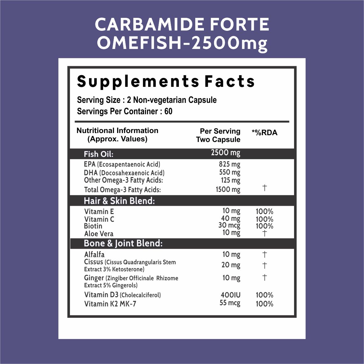 Carbamide Forte Fish Oil 2500mg- 60 Capsules| (Omega 3 1500mg; 900 mg EPA and 600mg DHA Per Serving) Capsule For Men & Women with Biotin, Vitamin D, Vitamin K2-MK7, 480 grams