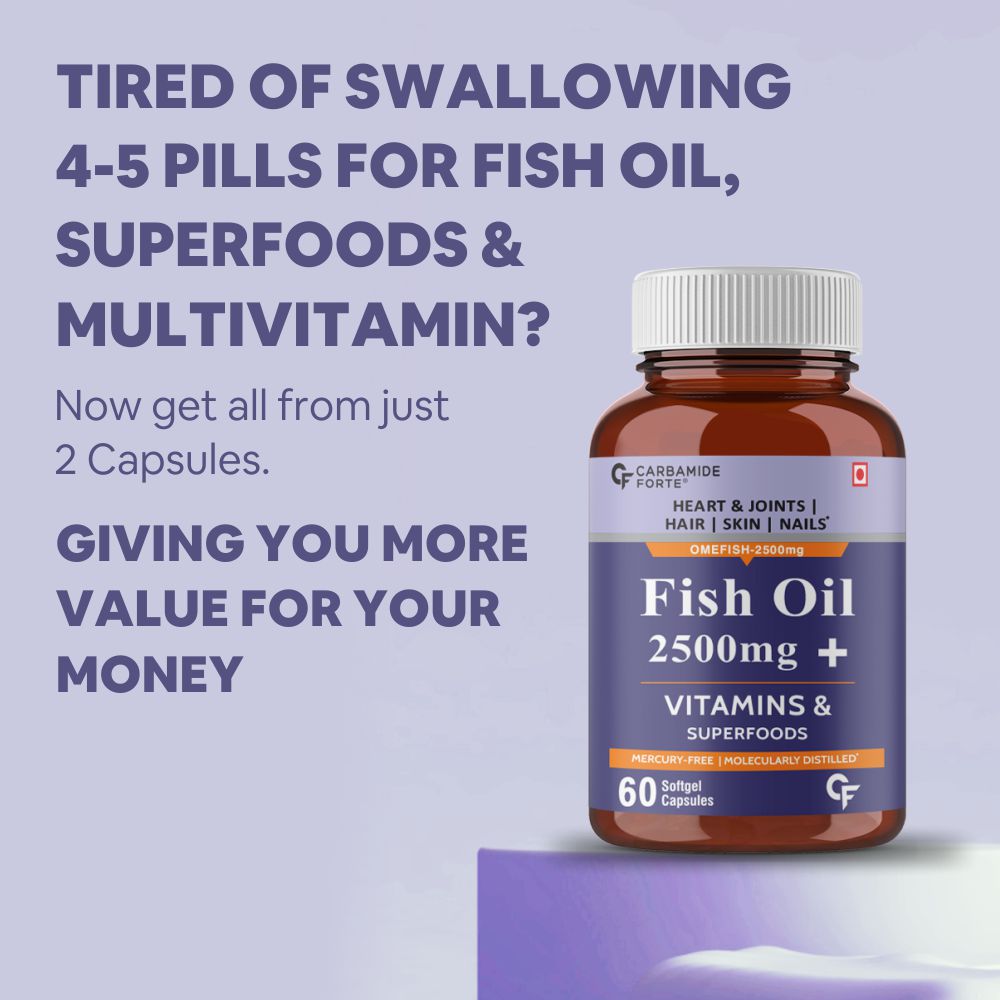 Carbamide Forte Fish Oil 2500mg- 60 Capsules| (Omega 3 1500mg; 900 mg EPA and 600mg DHA Per Serving) Capsule For Men & Women with Biotin, Vitamin D, Vitamin K2-MK7, 480 grams