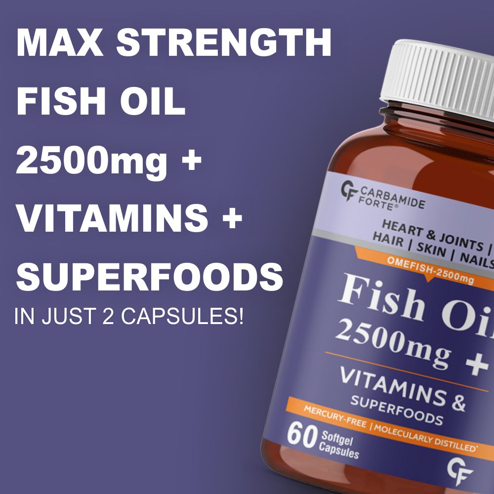 Carbamide Forte Fish Oil 2500mg- 60 Capsules| (Omega 3 1500mg; 900 mg EPA and 600mg DHA Per Serving) Capsule For Men & Women with Biotin, Vitamin D, Vitamin K2-MK7, 480 grams