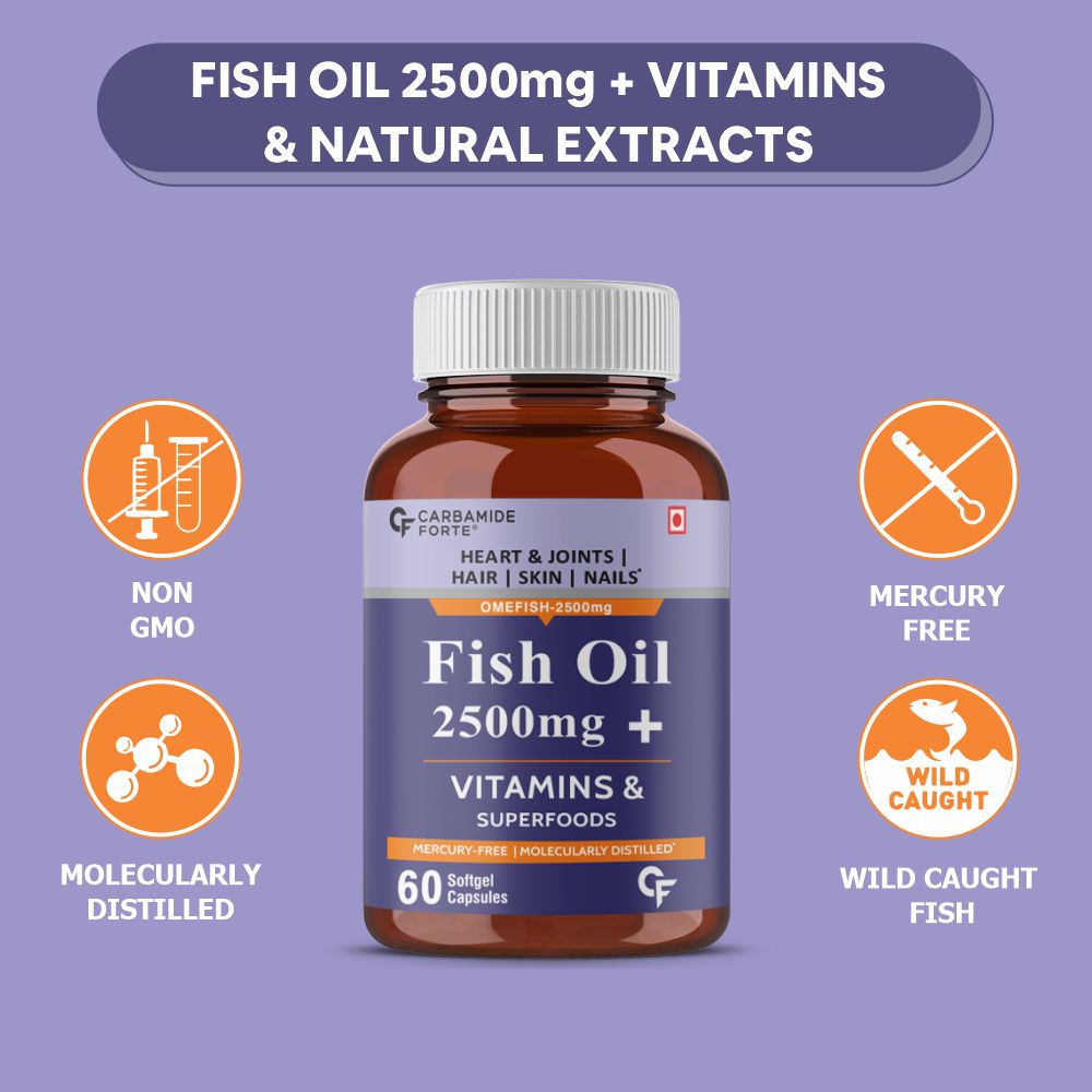 Carbamide Forte Fish Oil 2500mg- 60 Capsules| (Omega 3 1500mg; 900 mg EPA and 600mg DHA Per Serving) Capsule For Men & Women with Biotin, Vitamin D, Vitamin K2-MK7, 480 grams