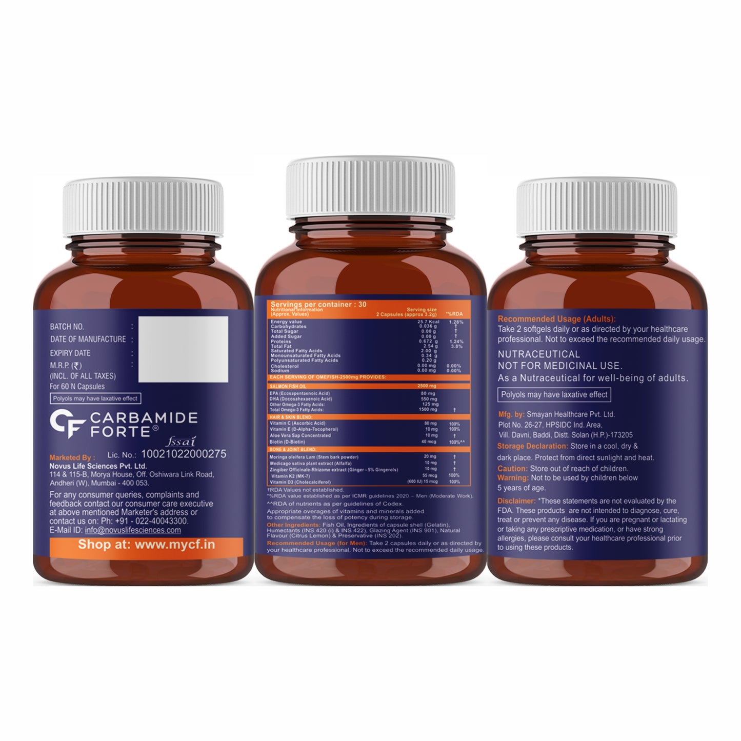 Carbamide Forte Fish Oil 2500mg- 60 Capsules| (Omega 3 1500mg; 900 mg EPA and 600mg DHA Per Serving) Capsule For Men & Women with Biotin, Vitamin D, Vitamin K2-MK7, 480 grams