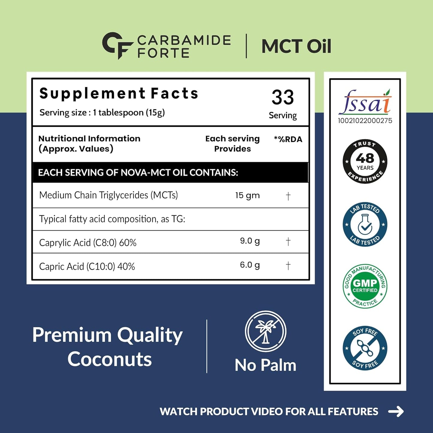 Carbamide Forte Pure MCT Oil C8 From USA | 100% Coconut Source | MCT Oil Keto & Paleo Friendly | Vegetarian – 500ml