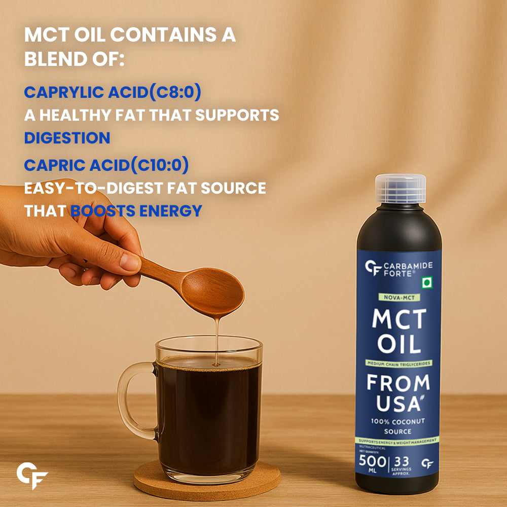 Carbamide Forte Pure MCT Oil C8 From USA | 100% Coconut Source | MCT Oil Keto & Paleo Friendly | Vegetarian – 500ml