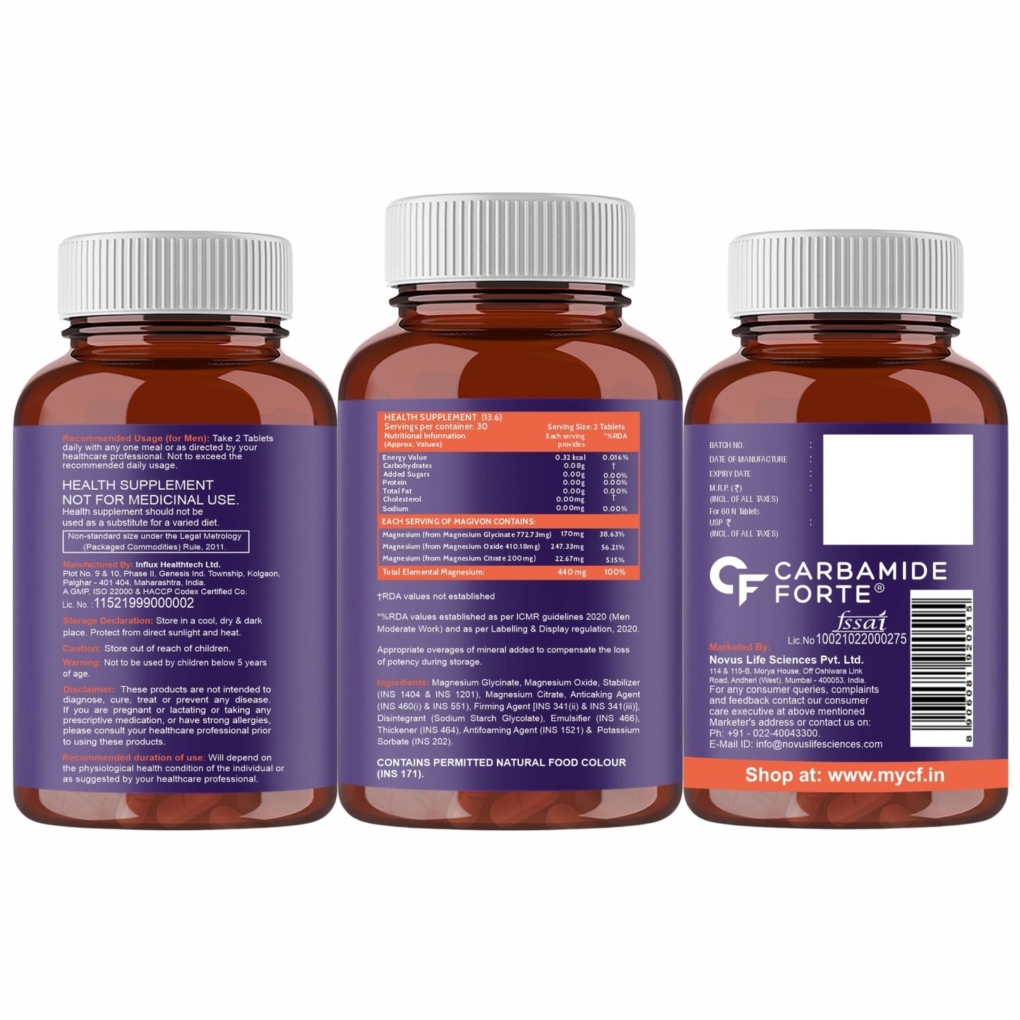 Carbamide Forte Chelated Magnesium Citrate Oxide Supplement | Triple Magnesium Supplement Supports Bones Muscles & Nerves 1382.91mg Per Serving - 60 Veg Tablets
