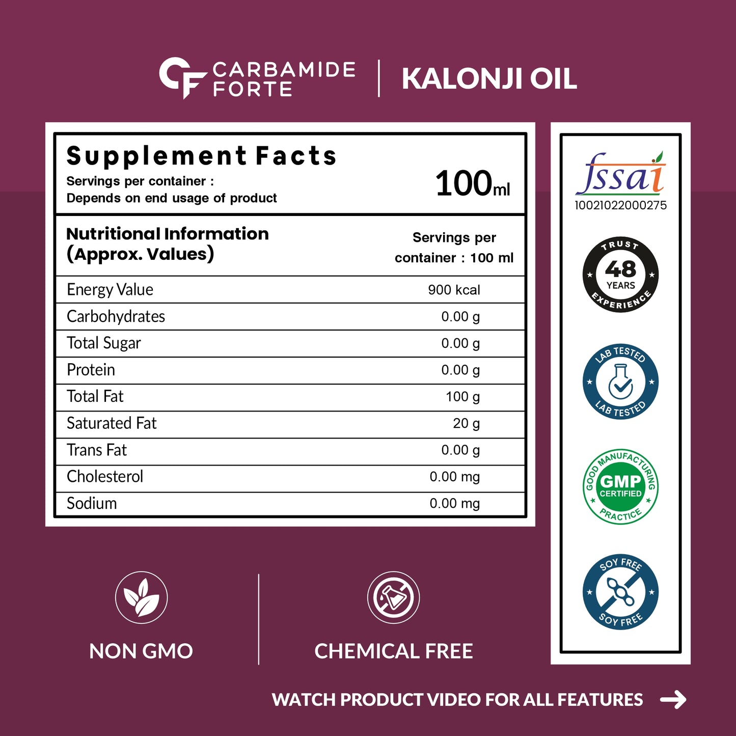 Carbamide Forte Kalonji Oil Cold Pressed | Black Seed Oil for Hair Growth - Edible | 100 ml