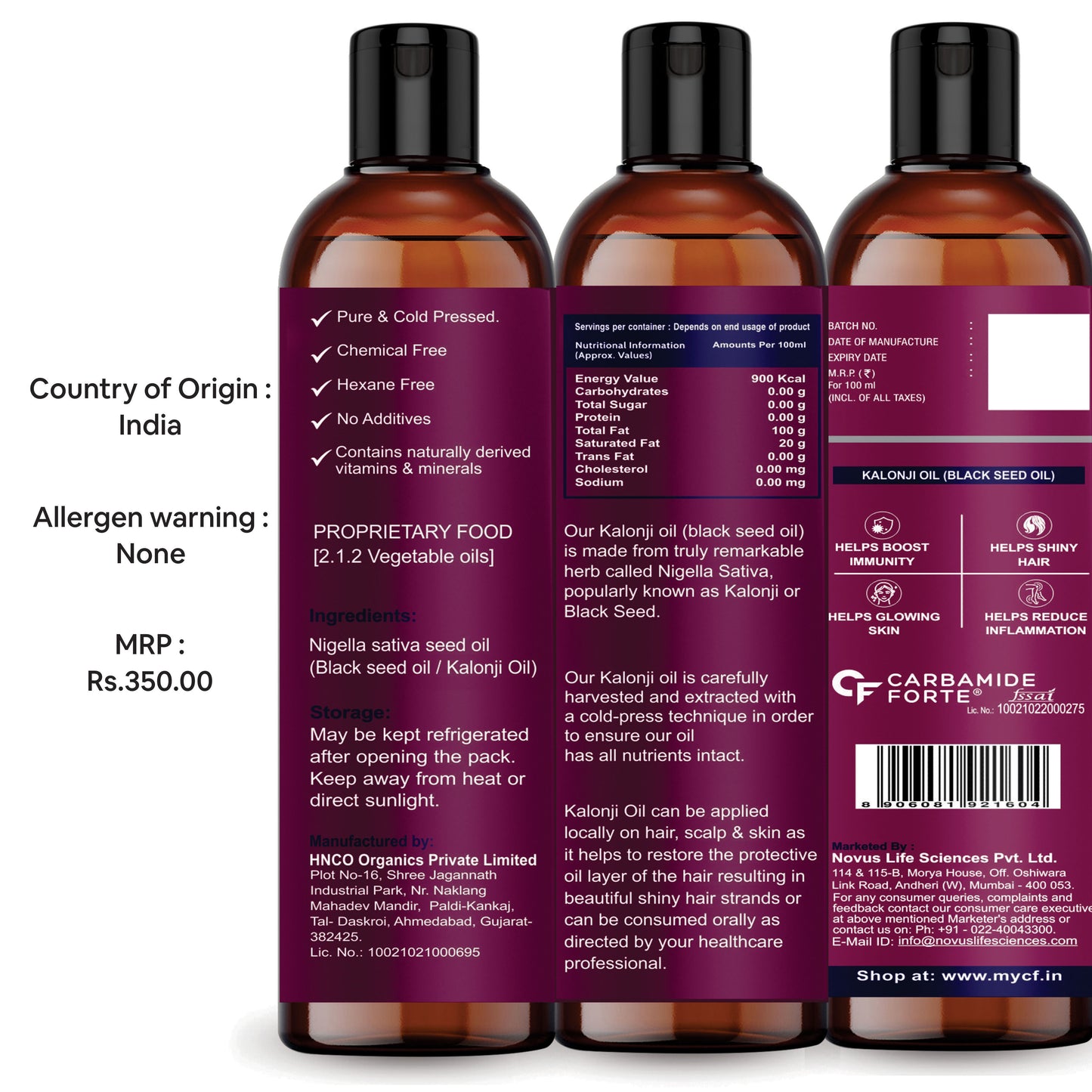 Carbamide Forte Kalonji Oil Cold Pressed | Black Seed Oil for Hair Growth - Edible | 100 ml