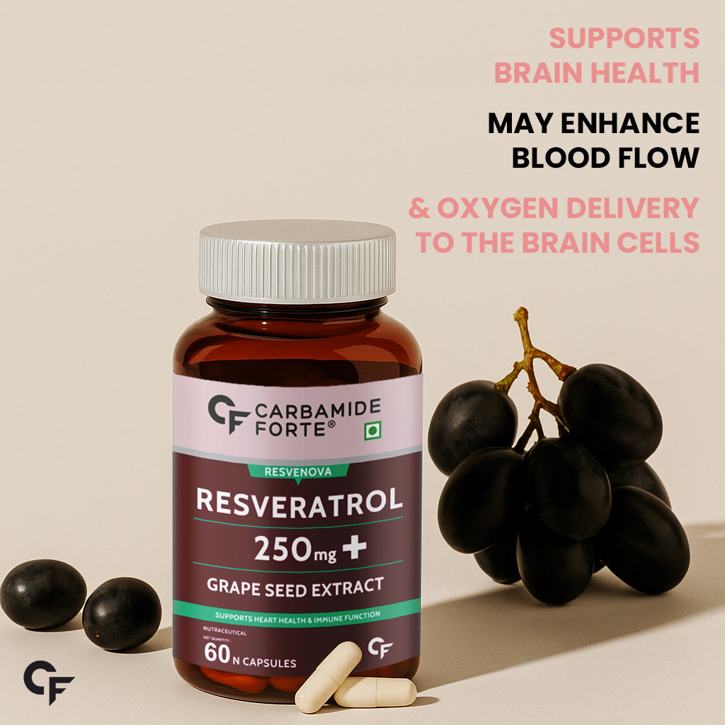 Carbamide Forte Resveratrol 250mg with Grape Seed Extract | Pharma Grade Resveratrol Supplements for Max Absorption - 60 Veg Capsules