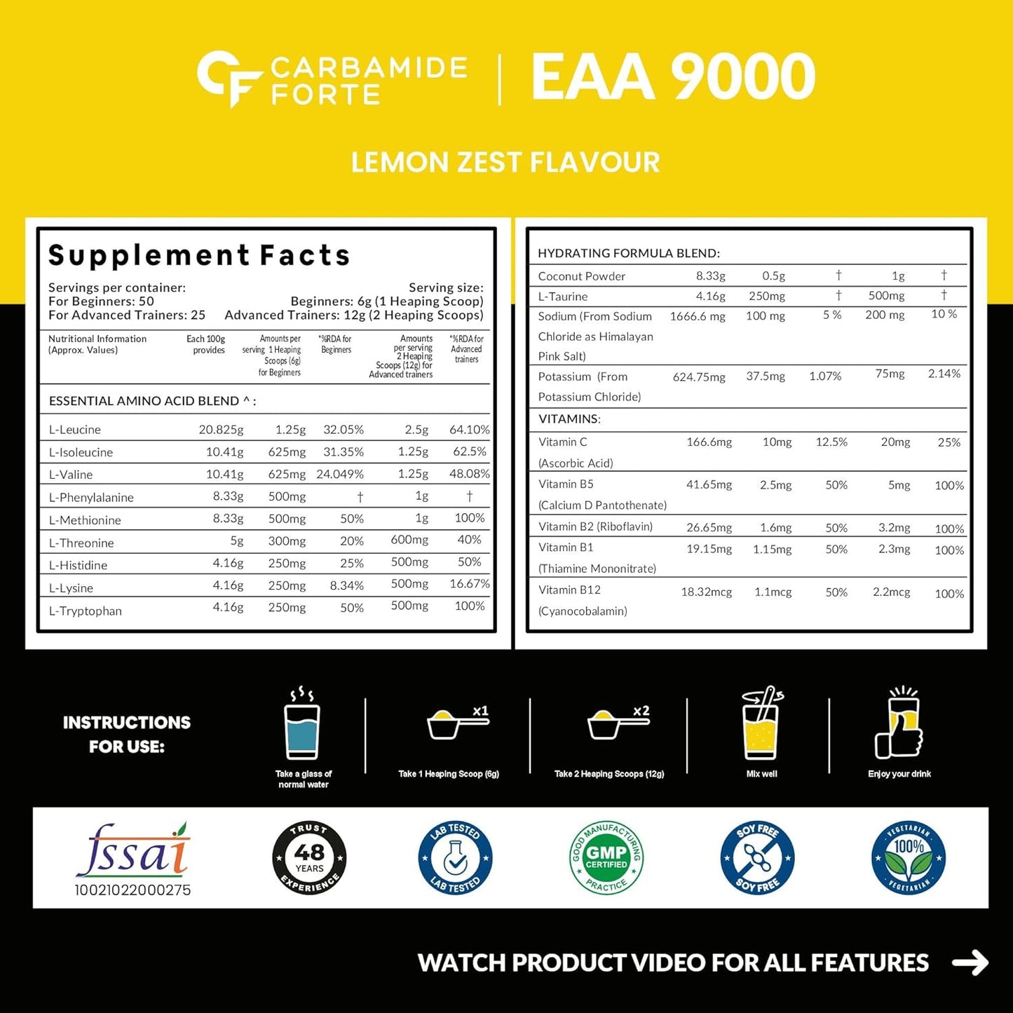 Carbamide Forte Eaa Supplement With Bcaa 5000Mg | Eaa intra workout Supplement For Men & Women With Hydration Blend & Vitamins – Lemon Zest Flavour - 50 Servings - Powder 300G