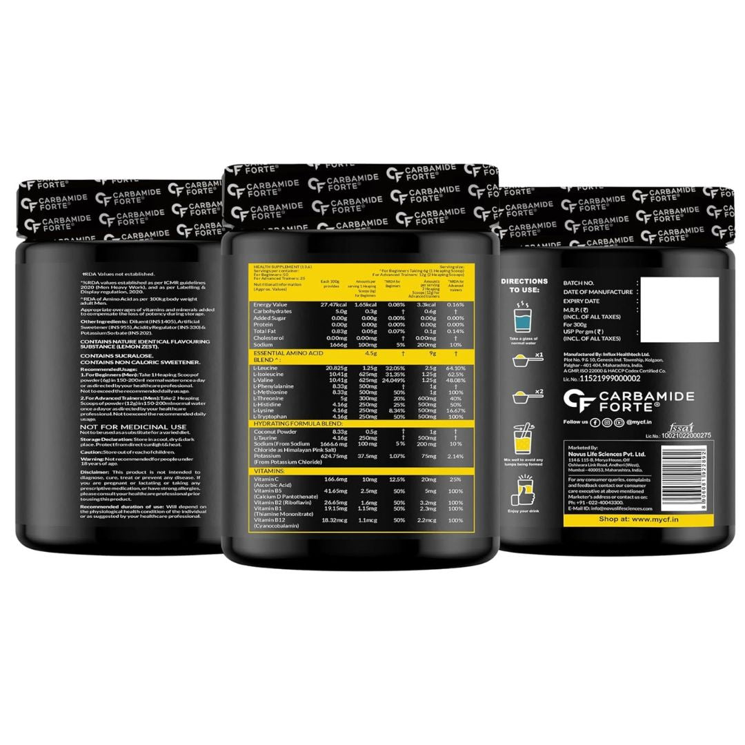 Carbamide Forte Eaa Supplement With Bcaa 5000Mg | Eaa intra workout Supplement For Men & Women With Hydration Blend & Vitamins – Lemon Zest Flavour - 50 Servings - Powder 300G