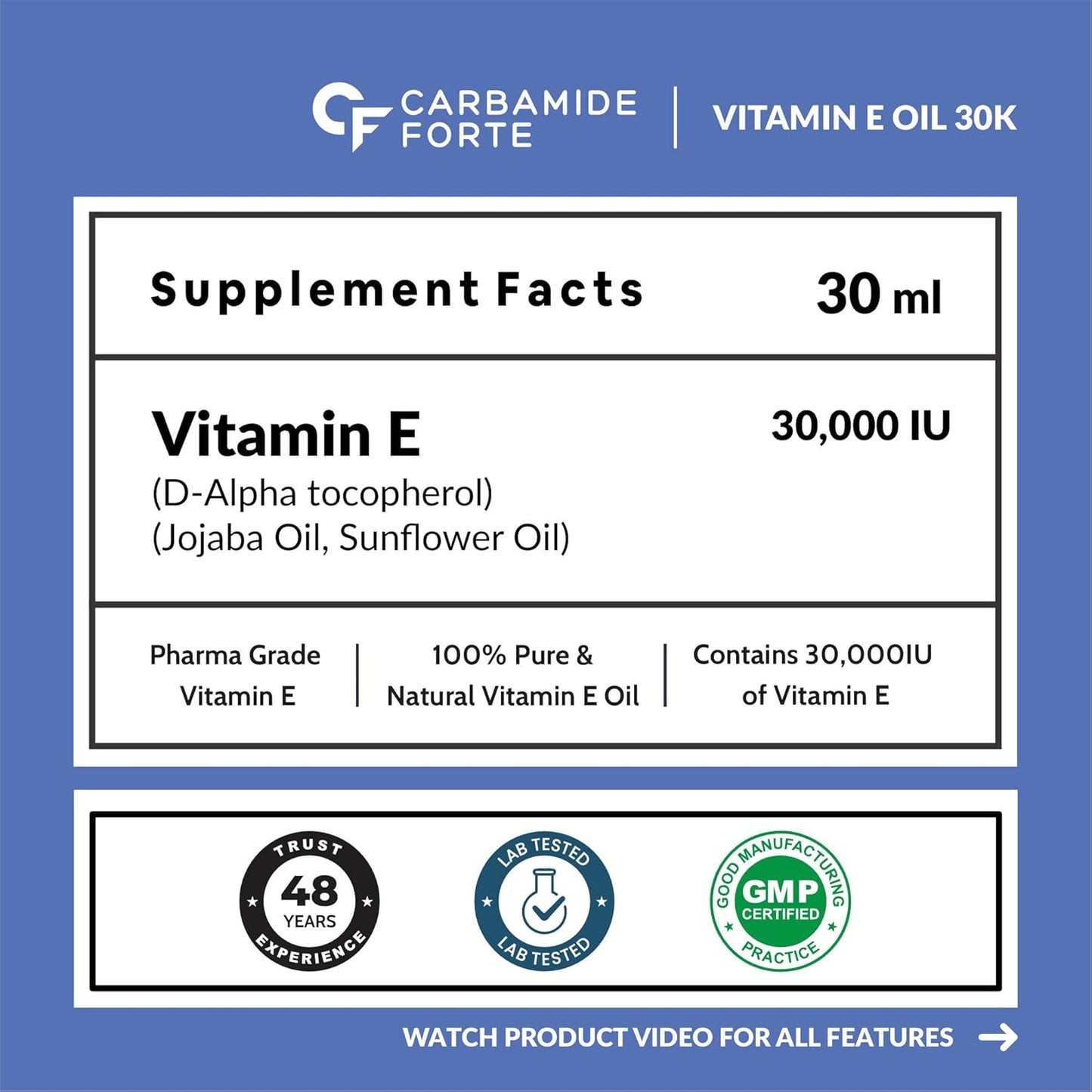 Carbamide Forte Vitamin E Oil For Face & Hair | Vitamin E for skin | Vitamin E supplement | Vitamin E Oil | 30000 IU |30ml