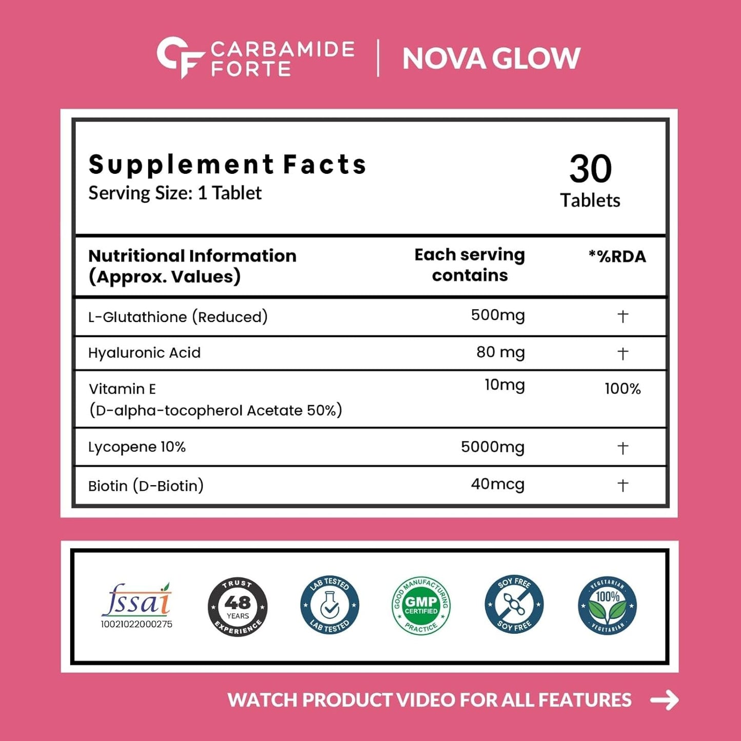 Carbamide Forte Japanese Reduced L Glutathione Tablets 500mg with Vitamin E | Glutathione with Hyaluronic Acid, Vitamin E, Lycopene & Biotin – 30 Veg Tablets Each