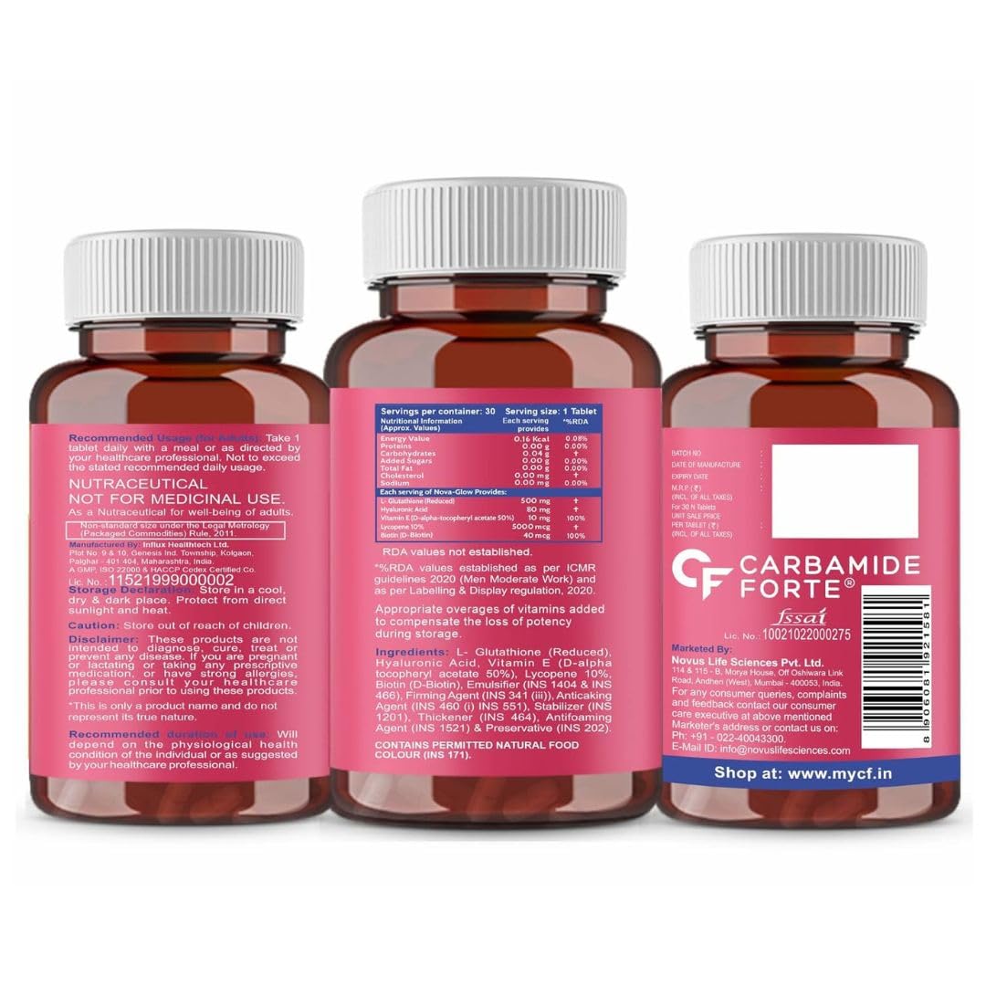 Carbamide Forte Japanese Reduced L Glutathione Tablets 500mg with Vitamin E | Glutathione with Hyaluronic Acid, Vitamin E, Lycopene & Biotin – 30 Veg Tablets Each