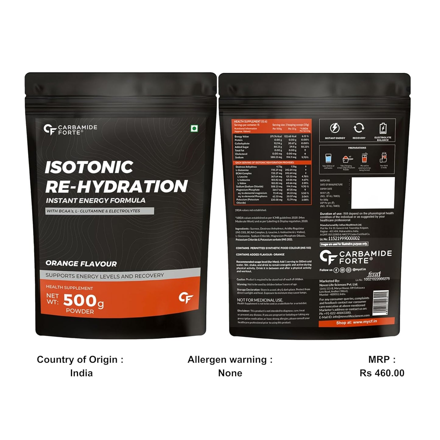 Isotonic Electrolyte Powder | BCAA | Glutamine Powder | Orange| 500g