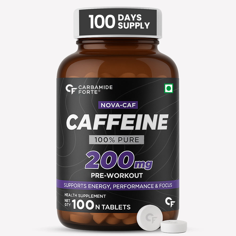 Carbamide Forte Caffeine Tablets | Pre Workout For Men & Women | 200mg Caffeine Pills | Gym Supplement for Men and Women | 100 Veg Tablets For Pre Workout